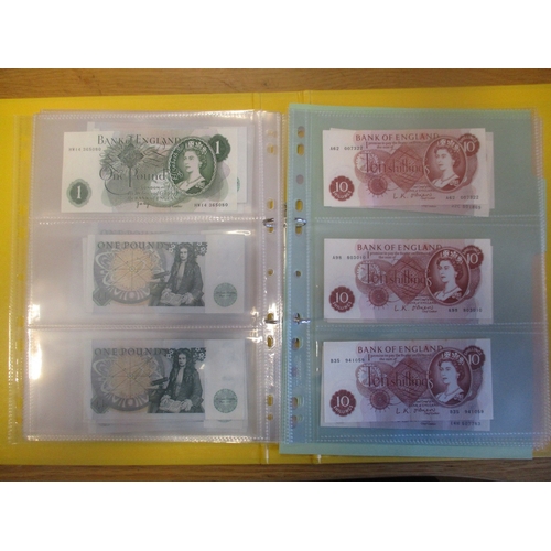 213 - Range of £1 and 10/- banknotes in album, generally very fine to extremely fine, includes Warren-Fish... 