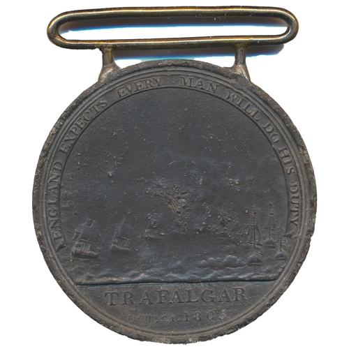 4 - 1805 Boulton's Trafalgar Medal in white metal, T bar suspension fitted to top, discoloured, edge leg... 