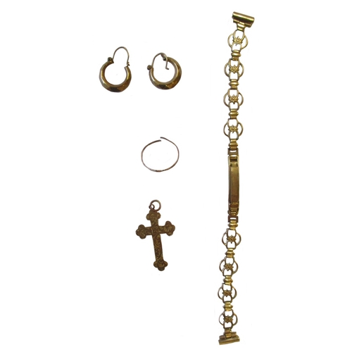 417 - 9ct gold range total weight 7.16g with cross pendant, bracelet , pair of earrings and ring (broken).... 