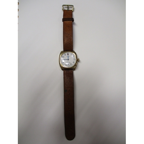 420 - 9ct gold wristwatch 'Waltham U.S.A' with plan dial (cracked) and second dial, brequet hands, outer A... 