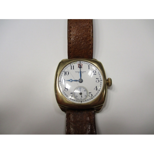 420 - 9ct gold wristwatch 'Waltham U.S.A' with plan dial (cracked) and second dial, brequet hands, outer A... 