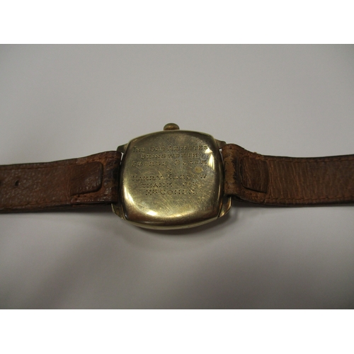 420 - 9ct gold wristwatch 'Waltham U.S.A' with plan dial (cracked) and second dial, brequet hands, outer A... 