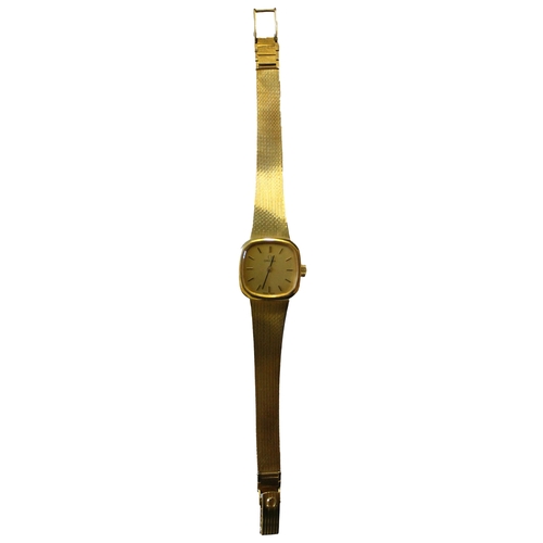 424 - Omega. Bracelet watch, 18ct gold, 'SWISS MADE' with plan dial, baton hands, stick indices, plain bez... 