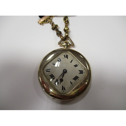 426 - Pocket watch open square face 9ct gold with plan dial and second dial, spade hands, Roman numeral in... 