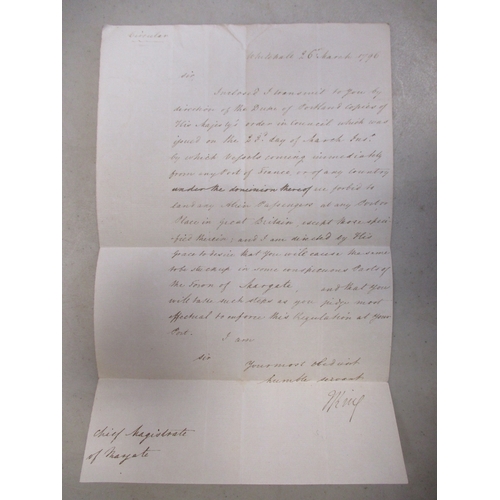 155 - 18th Century letters/documents with:
1. Letter dated 26th March 1796 from Whitehall, by direction of... 