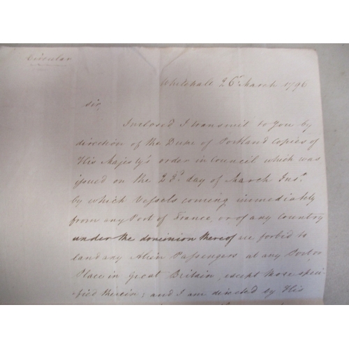 155 - 18th Century letters/documents with:
1. Letter dated 26th March 1796 from Whitehall, by direction of... 