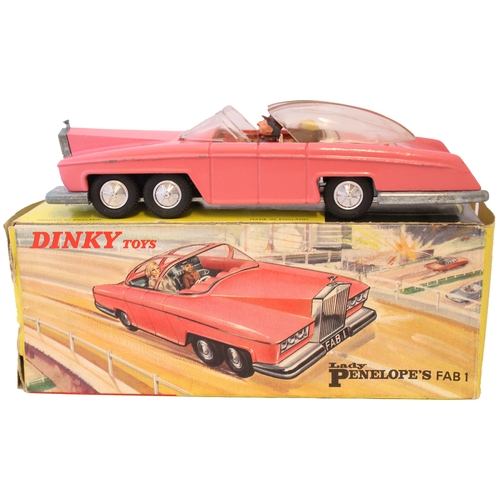 262 - Dinky. Lady Penelope's FAB 1 No. 100, non-florescent pink body, ridge cast wheels, clear sliding roo... 