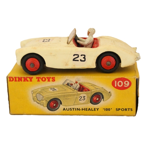 263 - Dinky. Austin Healey 100 Sports No. 109, creamy white competition finish with racing number 23, whit... 