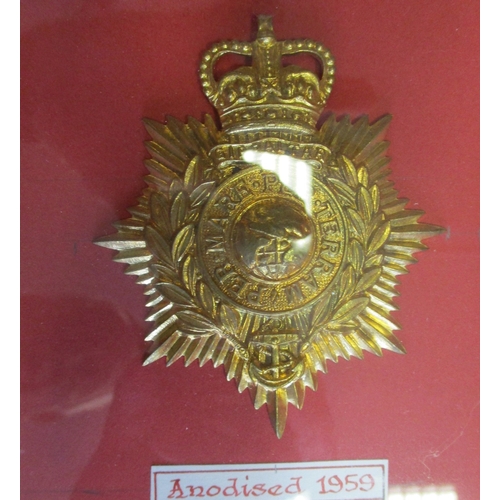 128 - Royal Marine 1905-72 plate and badge collection mounted in large glass frame 82cm x 95cm, includes h... 