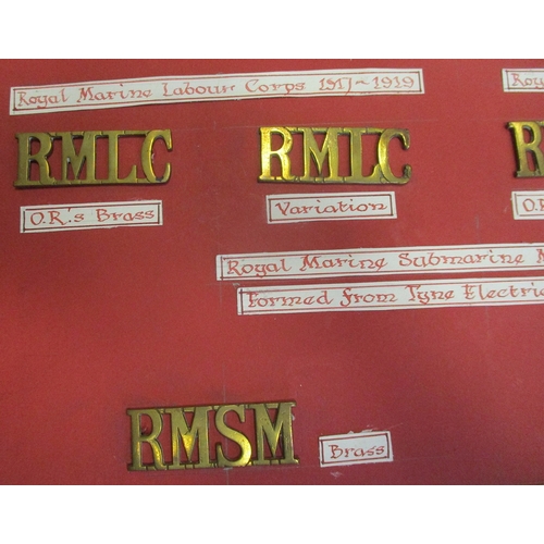 136 - Collection of mainly metal shoulder titles mounted on board for display including RMLC (2) (Royal Ma... 