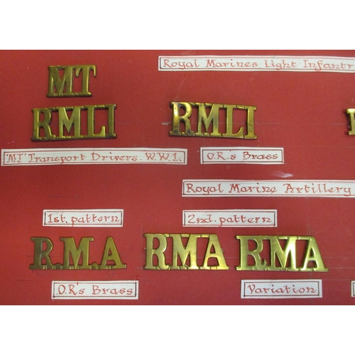 136 - Collection of mainly metal shoulder titles mounted on board for display including RMLC (2) (Royal Ma... 