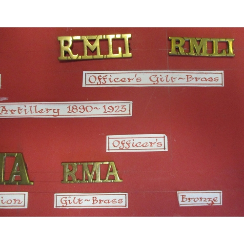 136 - Collection of mainly metal shoulder titles mounted on board for display including RMLC (2) (Royal Ma... 