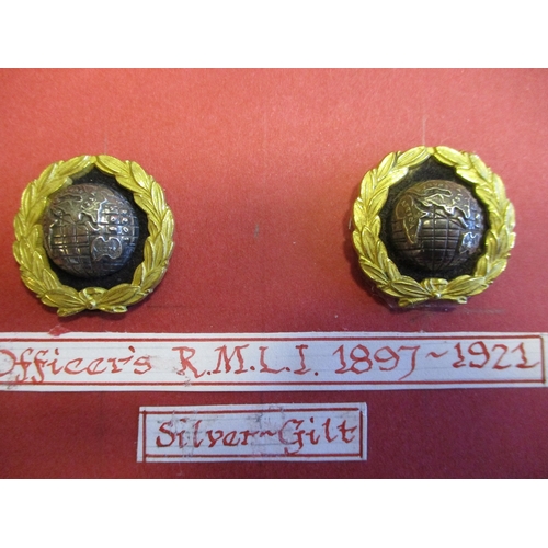 137 - Officer's Mess Dress insignia collection mounted on board with RMLI 1921-23 mis-matched facing pair ... 