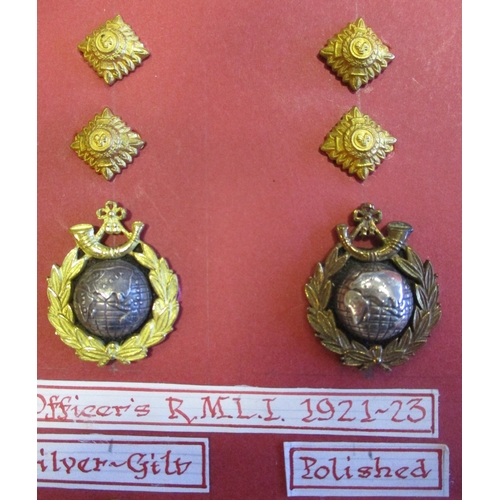 137 - Officer's Mess Dress insignia collection mounted on board with RMLI 1921-23 mis-matched facing pair ... 