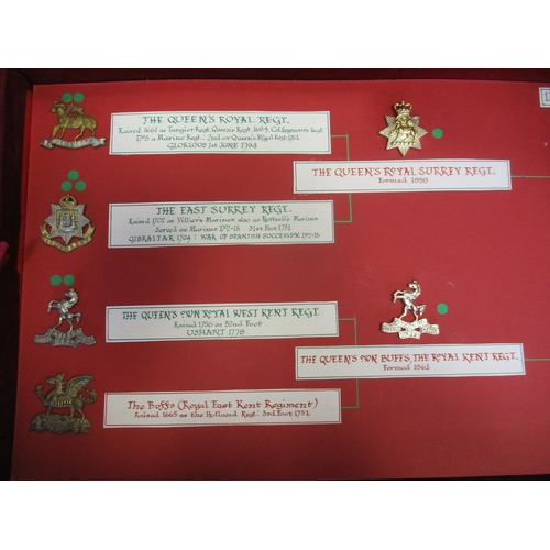 138 - Collection of cap badges (102) mounted on cards with descriptions in lift out trays in purpose built... 