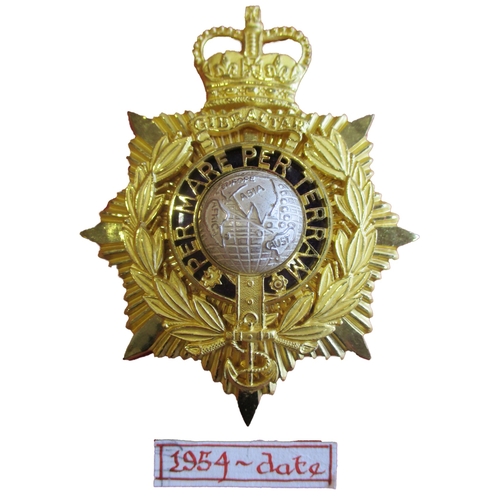 139 - Royal Marines range of helmet plates mounted on board with KC gilt plate 1905-54, crowned star with ... 