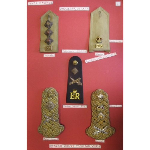 151 - Royal Marine collection mounted on 5 boards and 1 glass frame including embroided cap badges with Lo... 