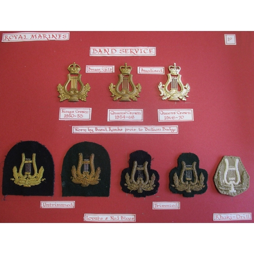 151 - Royal Marine collection mounted on 5 boards and 1 glass frame including embroided cap badges with Lo... 