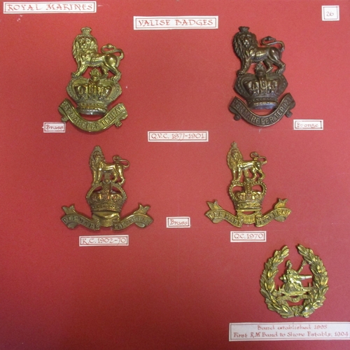 154 - Royal Marines range of valise badges mounted on board with 1877-1901 brass and a scarce bronze, 1902... 