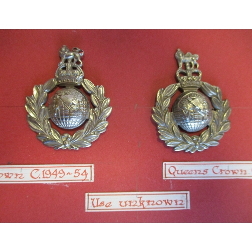 155 - Range of cap badges mounted on board including Royal Marine Engineers 1917-19 officer's bronze 2 pie... 