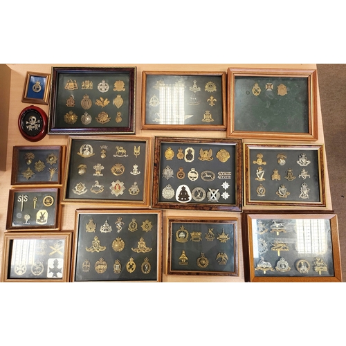 172 - Collection of cap badges in 15 frames from wide range including cavalry range with The Royal Dragoon... 