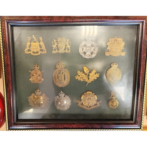 172 - Collection of cap badges in 15 frames from wide range including cavalry range with The Royal Dragoon... 