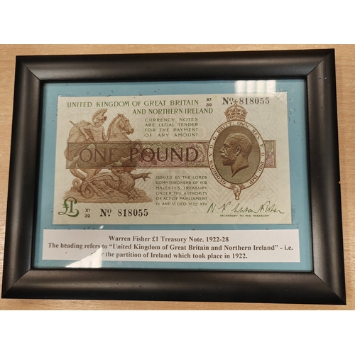 203 - Range of framed banknotes with Warren Fisher dot £1 C1/78 547679 good fine (Duggleby T31), Warren Fi... 