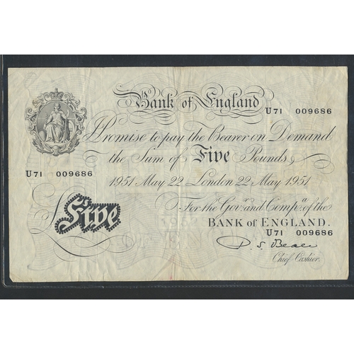 223 - P.S. Beale. Range of £5 with 1949 (5 May) N28 033929, 1951 (22 May) U71 009686 and 1951 (17 Aug) V47... 