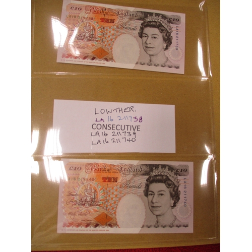 252 - M.V. Lowther. Collection including £20 with 1999 AA01 first run, AA40, BK55 844502-03, BK58, £10 wit... 