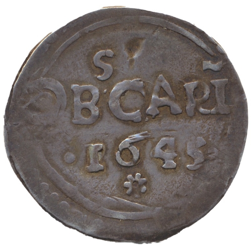 347 - Charles I. 1645 Carlisle shilling, C:R crowned flanked by trefoils of pellets, value below, reverse ... 