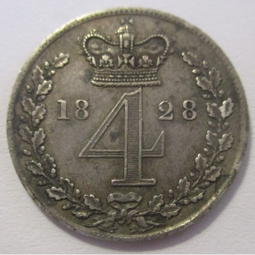 387 - 1844 crown with cinquefoil stops on edge near very fine (See photo), plus 1828 Maundy 4d good very f... 