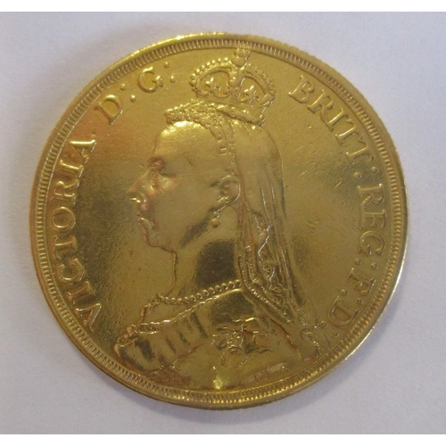 430 - Investment Gold lot - documents required. 1887 double sovereign, fine from a mount. (Y)