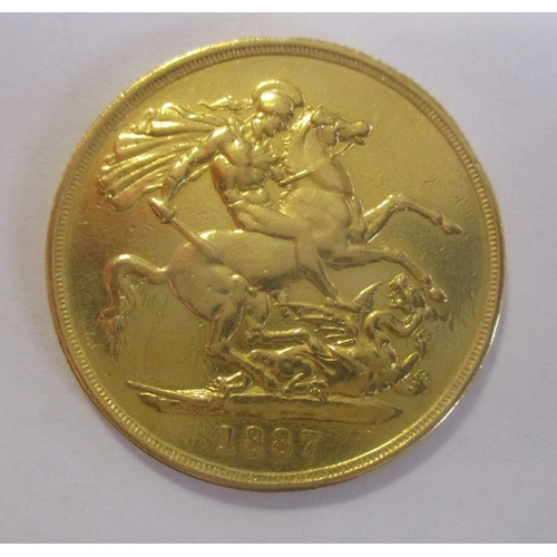 430 - Investment Gold lot - documents required. 1887 double sovereign, fine from a mount. (Y)