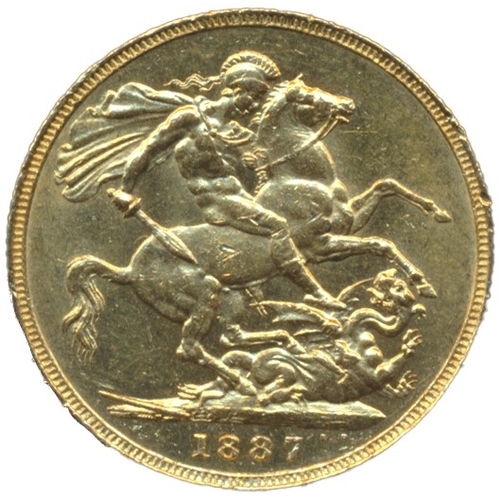 434 - Investment Gold Lot - documents required. 1887 sovereign from mount, fine. (Y)