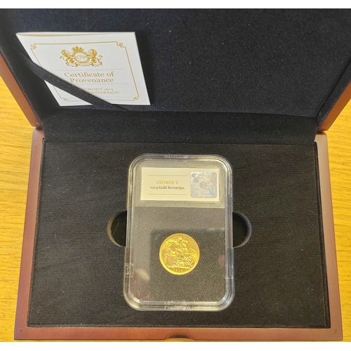 505 - Investment Gold lot - documents required. 1914S sovereign encased in plastic presented in wooden box... 