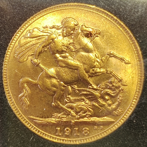 514 - Investment Gold lot - documents required. 1918I sovereign encased in plastic presented in wooden box... 