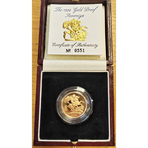 578 - Investment Gold Lot - documents required. 1994 sovereign proof FDC from the Royal Mint, boxed with c... 