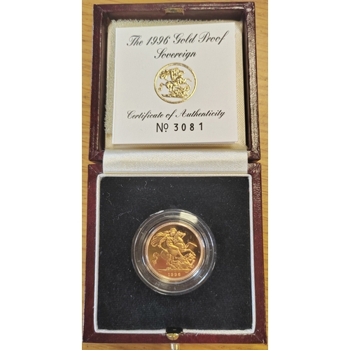 580 - Investment Gold Lot – documents required. 1996 sovereign boxed proof FDC. (Y)