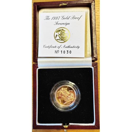 581 - Investment Gold Lot – documents required. 1997 sovereign boxed proof FDC. (Y)