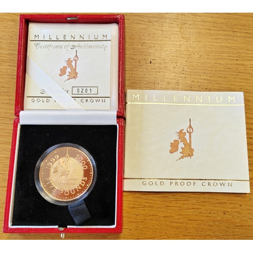 586 - Investment gold lot - Documents required. 2000 £5 Millennium boxed proof FDC. (Y)