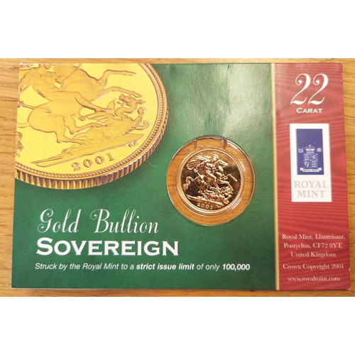 595 - Investment Gold Lot - documents required. 2001 sovereign on Royal Mint card uncirculated. (Y)