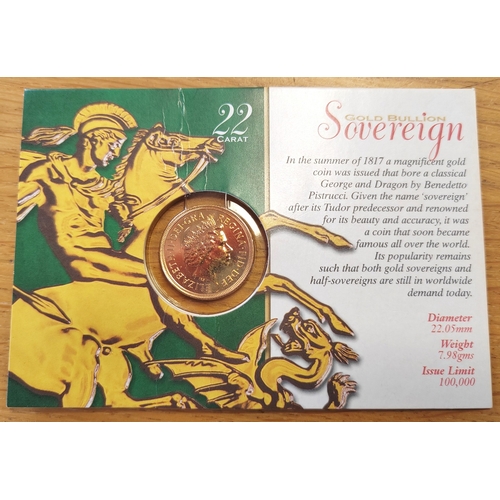 595 - Investment Gold Lot - documents required. 2001 sovereign on Royal Mint card uncirculated. (Y)