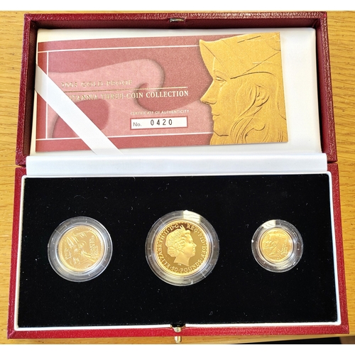 601 - Investment Gold Lot - documents required. 2003 Britannia three coin boxed proof set FDC, contains £5... 