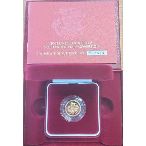 620 - Investment Gold Lot - documents required. 2005 half sovereign proof FDC from the Royal Mint, boxed w... 