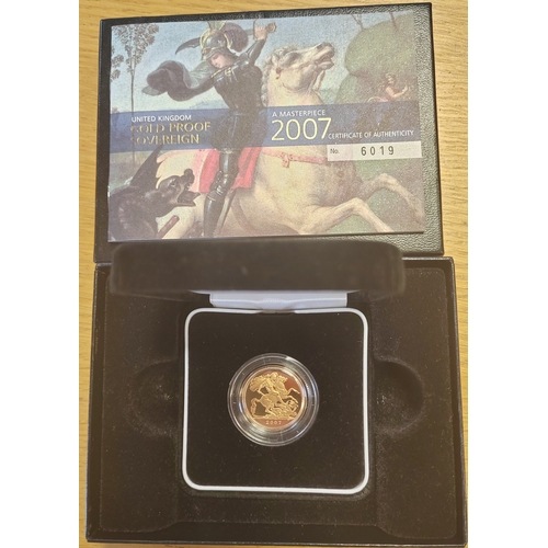 624 - Investment Gold Lot – documents required. 2007 sovereign boxed proof FDC. (Y)