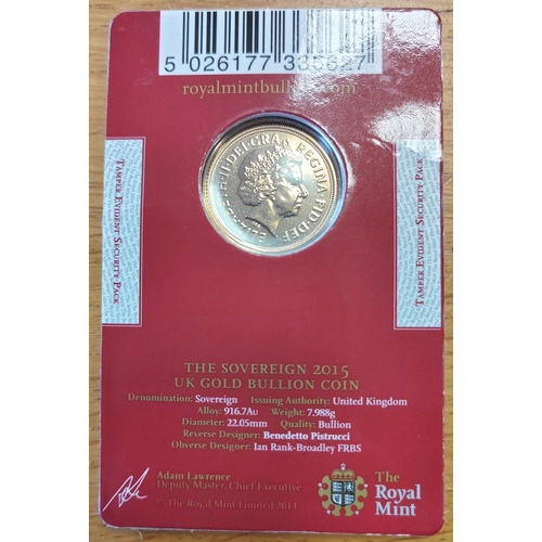 641 - Investment Gold Lot - documents required. 2015 sovereign on Royal Mint card uncirculated. (Y)