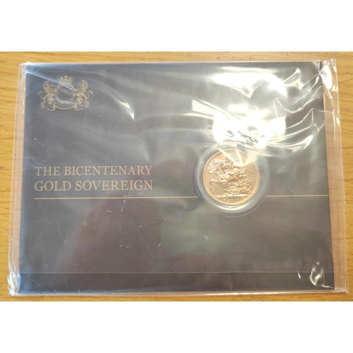 653 - Investment Gold Lot - documents required. 2017 sovereign The Bicentenary on Royal Mint card uncircul... 