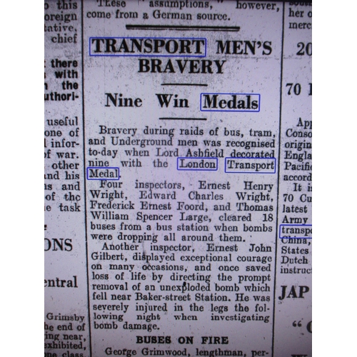 69 - Rare 1941 London Passenger Transport Medal For Bravery, reverse engraved to Ernest Henry Wright 10 S... 