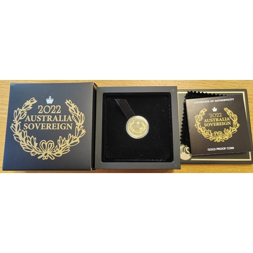 691 - Investment Gold Lot - documents required. Australia. 2022 sovereign boxed proof FDC. (Y)