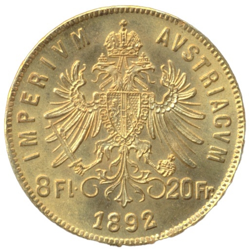 692 - Investment Gold lot - documents required. Austria. 1892 8 florins/20 francs restrike extremely fine.... 